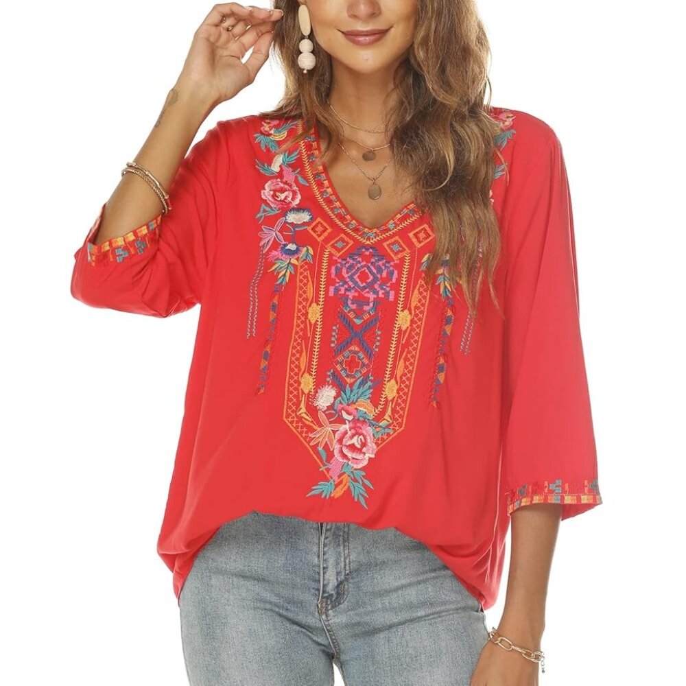 NWT KOMILI Embroidered Bohemian Tunic Blouse Short Sleeve V-Neck Cotton Red